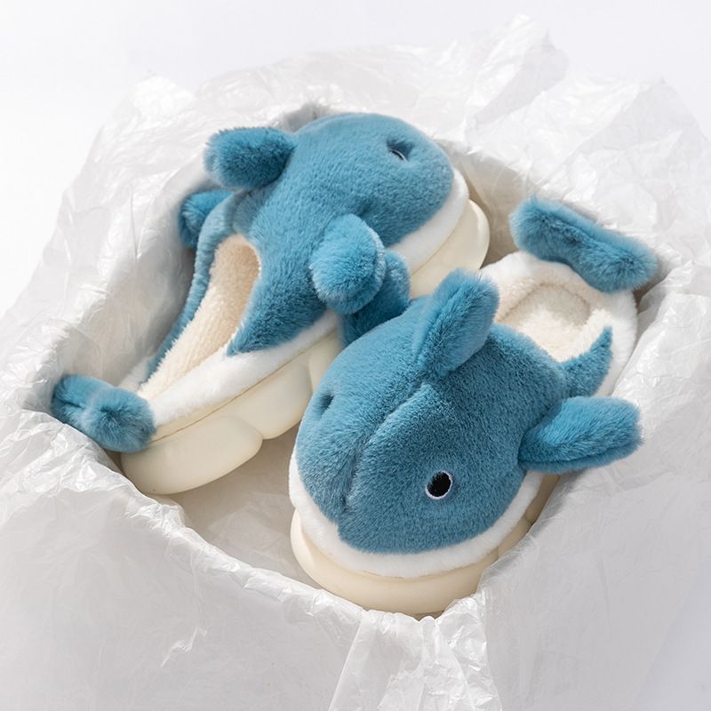 Blue Cartoon Shark Plush Slippers for Men Women, Winter Indoor Warm Cotton Slippers with Soft Comfortable Thick Soles, Non-Slip Durable PVC Size 42-43 - Image 3