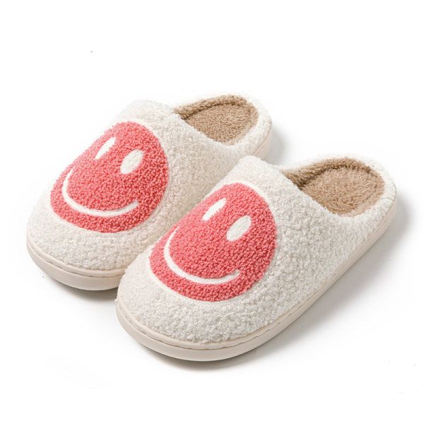 Pink Smiley Face Slippers for Women, Cute Emoji Design with Non-Slip TPR Rubber Sole, Soft Faux Fur Thick Fleece Lining for Warmth Size 38-39 - Image 1