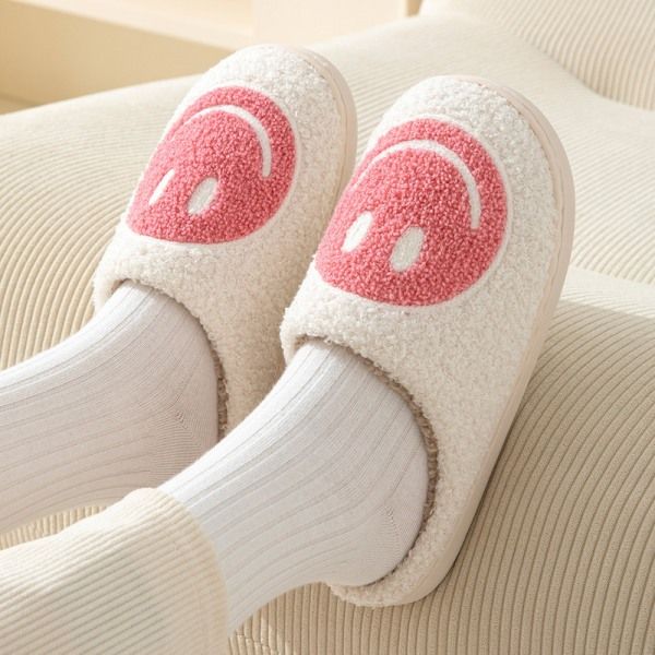Pink Smiley Face Slippers for Women, Cute Emoji Design with Non-Slip TPR Rubber Sole, Soft Faux Fur Thick Fleece Lining for Warmth Size 38-39 - Image 2