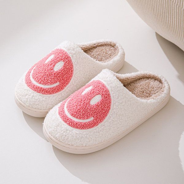 Pink Smiley Face Slippers for Women, Cute Emoji Design with Non-Slip TPR Rubber Sole, Soft Faux Fur Thick Fleece Lining for Warmth Size 38-39 - Image 3