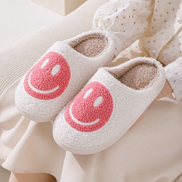 Pink Smiley Face Slippers for Women, Cute Emoji Design with Non-Slip TPR Rubber Sole, Soft Faux Fur Thick Fleece Lining for Warmth Size 38-39 - Image 5