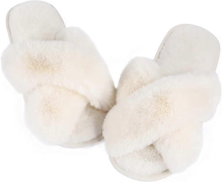 White Cross Strap Fluffy Open Toe Slippers for Women, Memory Foam Cushion Non-Slip Sole, Soft Plush Home Shoes Indoor Outdoor Size M - Image 1