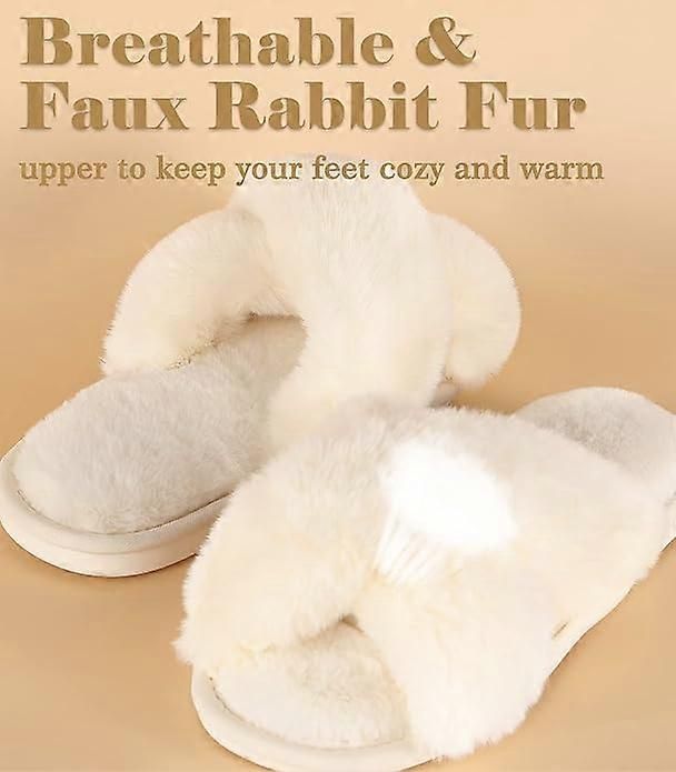 White Cross Strap Fluffy Open Toe Slippers for Women, Memory Foam Cushion Non-Slip Sole, Soft Plush Home Shoes Indoor Outdoor Size M - Image 3