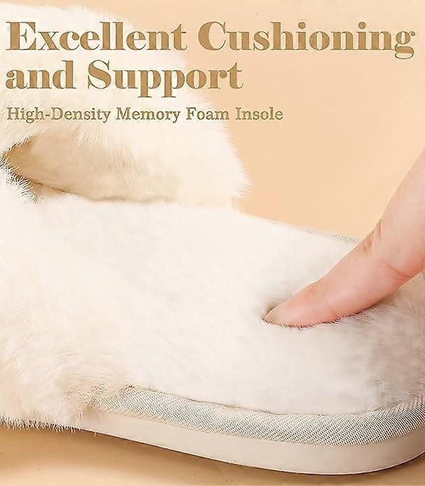 White Cross Strap Fluffy Open Toe Slippers for Women, Memory Foam Cushion Non-Slip Sole, Soft Plush Home Shoes Indoor Outdoor Size M - Image 4