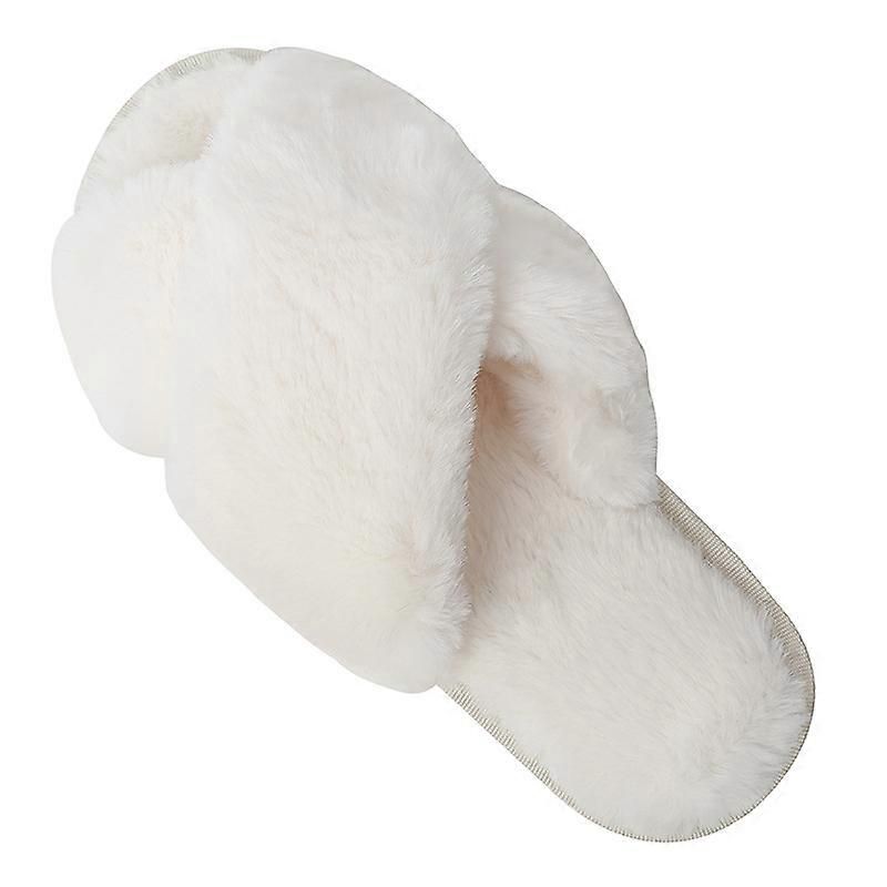 White Cross Strap Fluffy Open Toe Slippers for Women, Memory Foam Cushion Non-Slip Sole, Soft Plush Home Shoes Indoor Outdoor Size M - Image 5