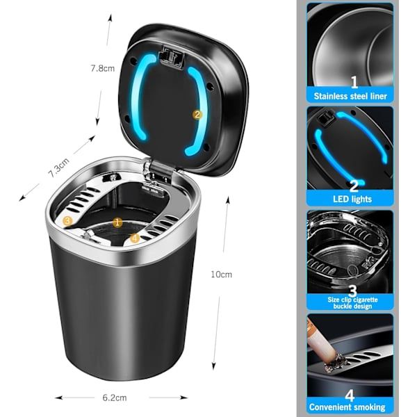 High Quality {CA}Portable ashtray for car, LED ashtray with lid for car, home, office, Made of Steel, Blue Color - Image 2
