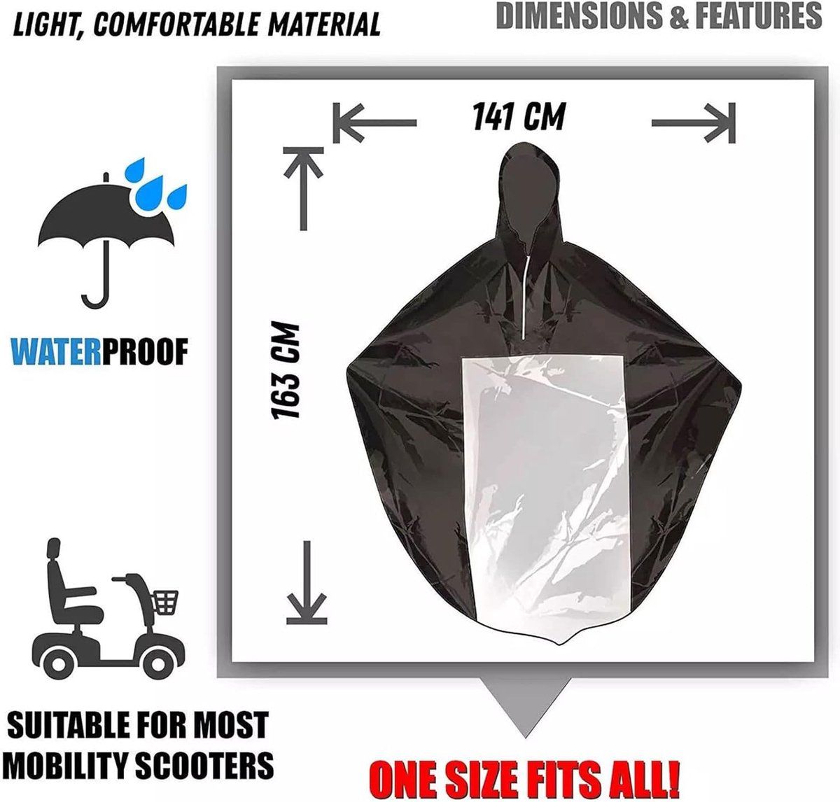 sets Luxury poncho for mobility scooter - Lightweight rain with window Universal fit (163 x 141 cm) Ideal for protection against Replacement Part - Image 3
