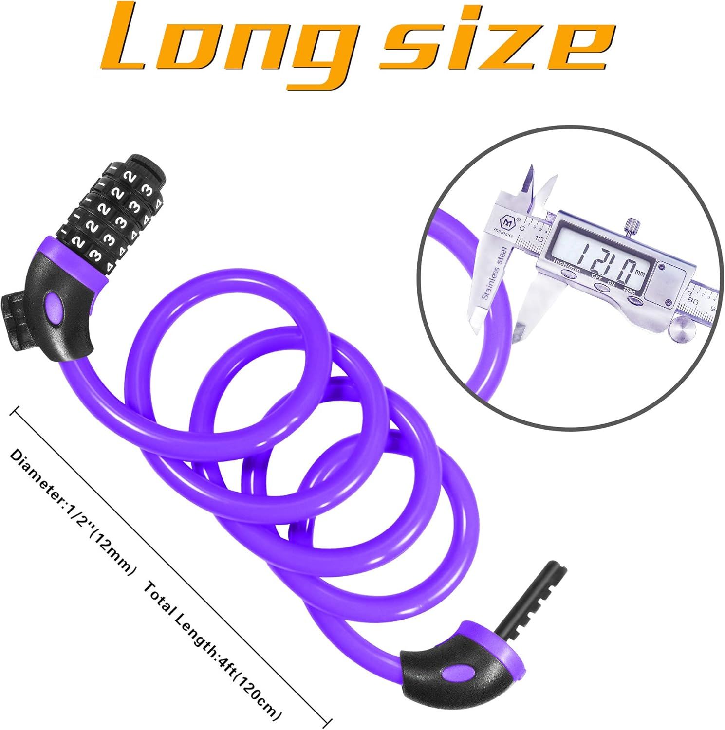 Bicycle Lock (Purple), 120cm x 12mm Long, Cable for Scooter Motorcycles Gate with 5-Digit Smart Code and Stroller L, Replacement Part - Image 3