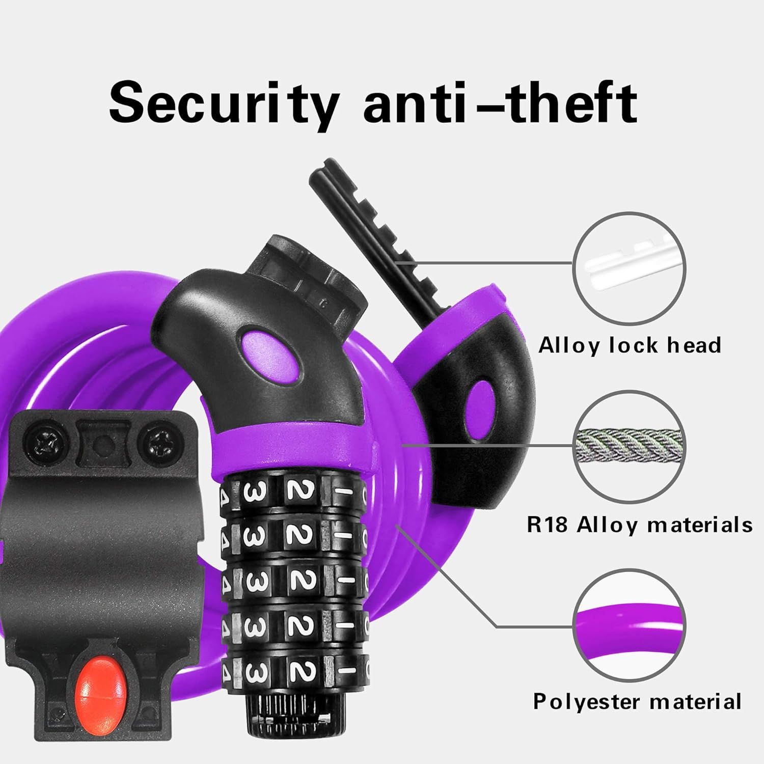 Bicycle Lock (Purple), 120cm x 12mm Long, Cable for Scooter Motorcycles Gate with 5-Digit Smart Code and Stroller L, Replacement Part - Image 5