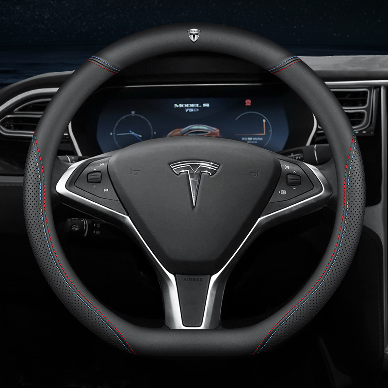 Fits Tesla model3/y/modelx/s steering wheel cover - Tesla special D-shape (two-color line) with logo - 36cm/1pc, Made of Fabric - Image 1