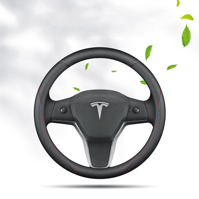 Fits Tesla model3/y/modelx/s steering wheel cover - Tesla special D-shape (two-color line) with logo - 36cm/1pc, Made of Fabric - Image 2
