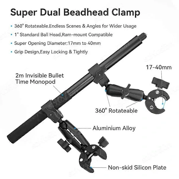 Motorcycle Bicycle Double Clamp Mount For Insta360 One X2 X3 X4 GoPro 12 11 10 SJCAM Selfie Stick Monopod Mount Handlebar Stand Type E - Image 4