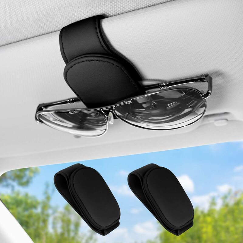 Replacement Car Glasses Holder, 2 Pcs Magnetic PU Leather Sunglasses Sun Visor Case Universal Accessories, Black - Image 1