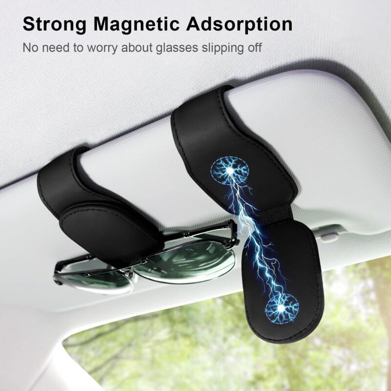 Replacement Car Glasses Holder, 2 Pcs Magnetic PU Leather Sunglasses Sun Visor Case Universal Accessories, Black - Image 2