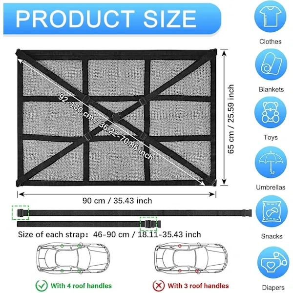 Replacement Car roof storage net 90cmx65cm Universal luggage bag for travel and organization Four armrests., Transparent Color - Image 2