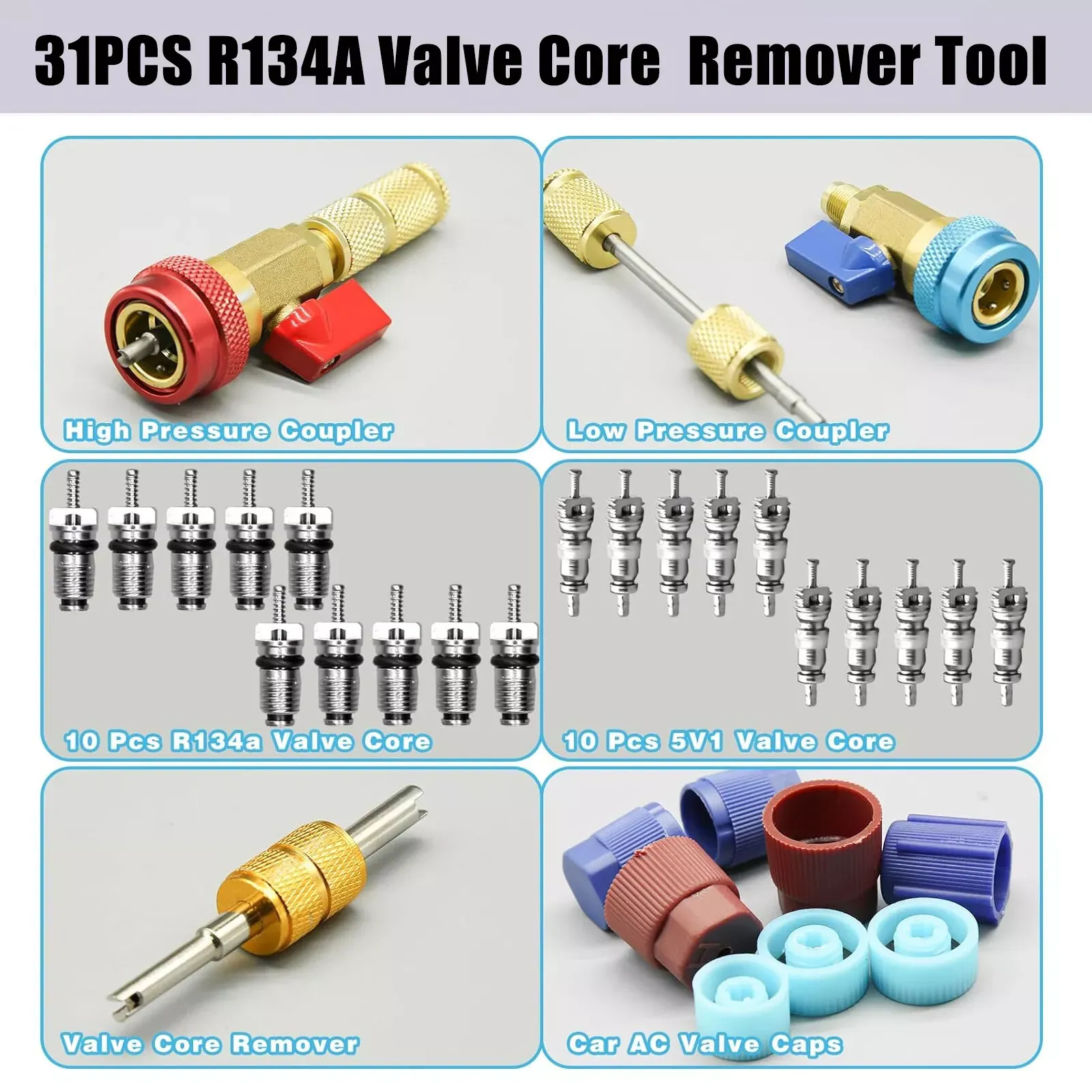 Professional Car AC Repair Kit, Schrader Valve Core Removal Tool with Quick Release for High and Low Pressure R134A Refrigeration Systems - Image 2