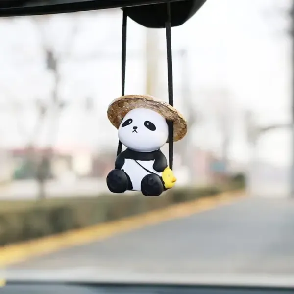 High Quality Compatible Cute Swinging Panda Car Mirror Accessories Funny Interior Rearview Mirrors Decorations (Hat Panda) - Image 1