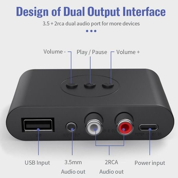 Bluetooth 5.2 Audio Receiver NFC USB Memory RCA 3.5mm Aux USB Stereo Music Wireless Adapter Wireless, Plastic + Metal material, Black Color - Image 4