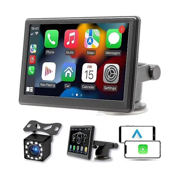 Portable Wireless CarPlay Screen for Dashboard, 7 Inch Touch Screen Car Stereo Bluetooth, FM Car Radio, Rear View Camera, USB, Black Color - Image 1