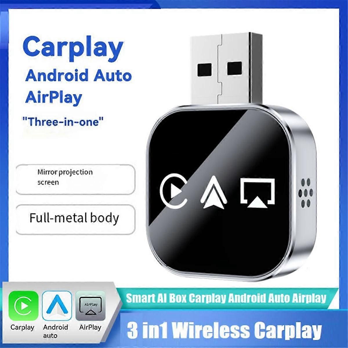 3-in-1 Wireless CarPlay Adapter Smart CarPlay AirPlay Android Auto USB Dongle Wired CarPlay to Wireless, Metal material, Black/Silver Color Options - Image 2
