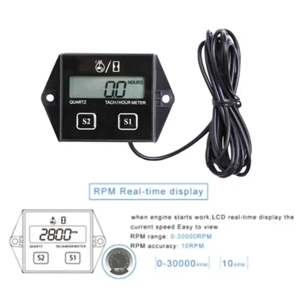 Motorcycle 2/4 Stroke Engine Tachometer Hour Meter LCD Screen Waterproof Car Motor Boat Motorcycle Digital Tachometer, Plastic material, Black Color - Image 2