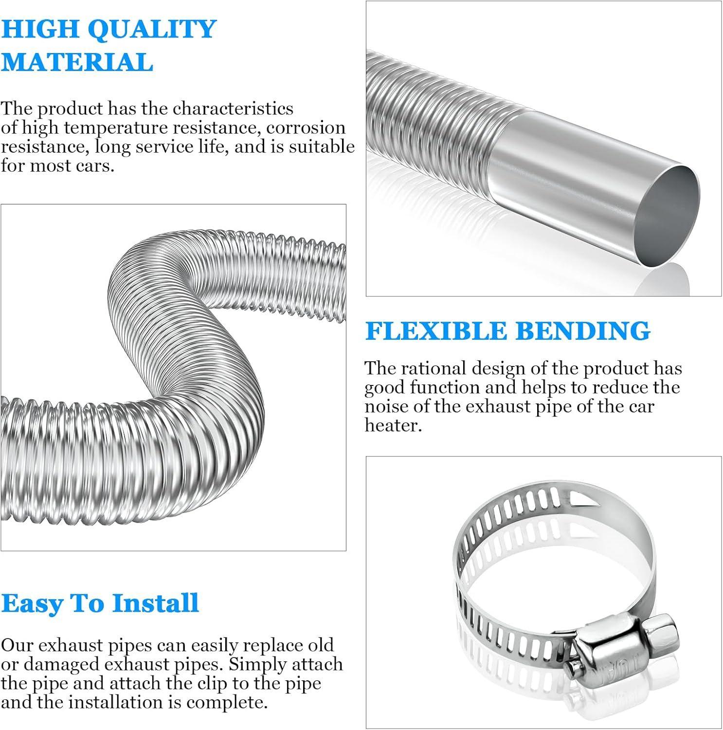 Air heater hose, 300 cm Diameter 2.5 cm stainless steel exhaust pipe, parking heater pipe with 2 hose clamps, for parking heater 300CM - Image 4