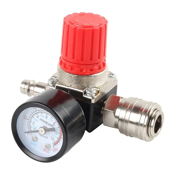 1 pc Compressed Air Reducer, 1/4 Pressure Reducer, 4-hole Pressure Regulator with Gauge, Compressor, PC + Metal material - Image 1