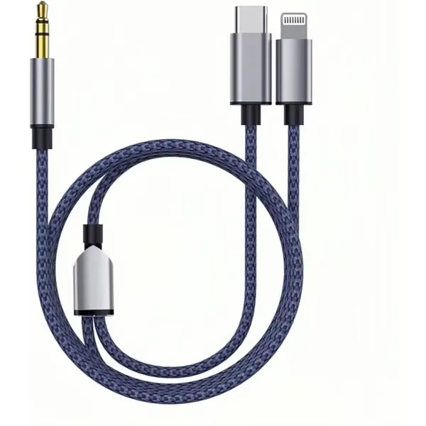 Braided Nylon USB C & Lightning to 3.5mm Jack Audio Adapter Aux Cable, wireless audio upgrade, vehicle stereo use - Image 1