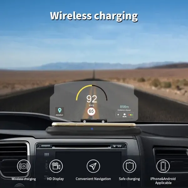 Wireless Charger Car HUD Head Up Display Phone Navigation Holder, ABS material, automotive replacement use, vehicle maintenance accessory - Image 1