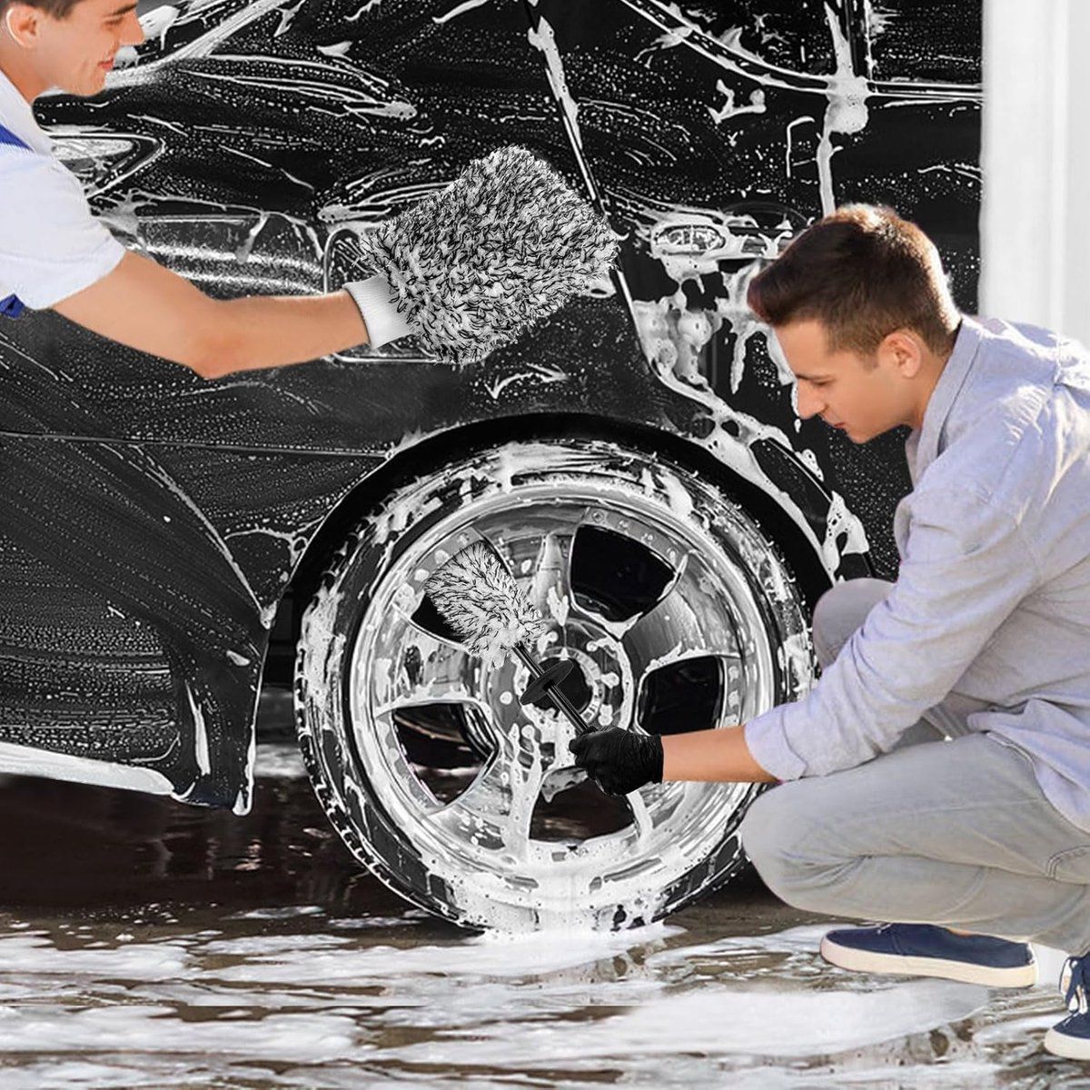 Rim Brush - Car Wheel Brush with Car Wash Mitt - Microfiber Rim Brush - Tire Brush - Wheel Brush - Rim Cleaner - Image 3
