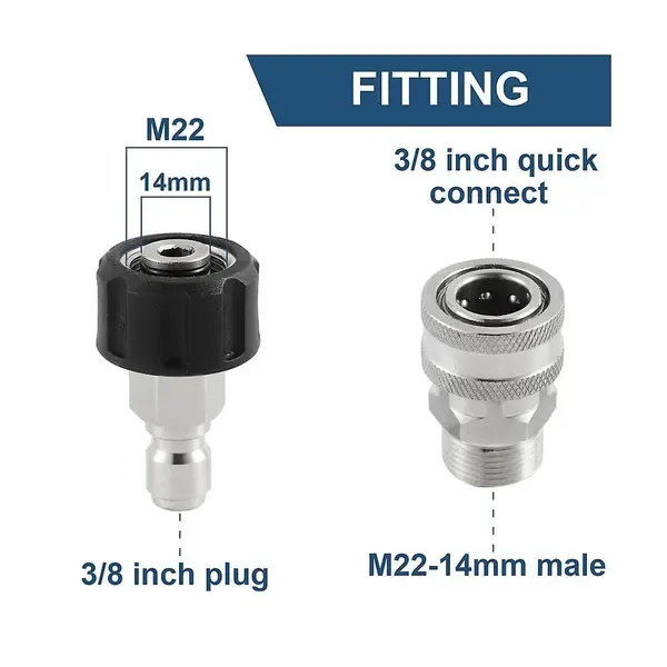 Stainless Steel Pressure Washer Quick Connect Kit, m22 14mm To 3/8in Quick Connect, 3/4in To 1/2in Qu, Stainless Steel + Brass material, Silver Color - Image 2