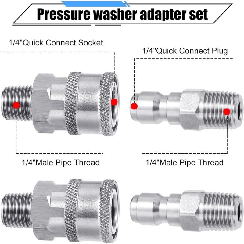 Pressure Washer Coupler Set, 1/4 Inch NPT Stainless Steel Quick Connector Male Female External Thread, Cleaning Use - Image 2