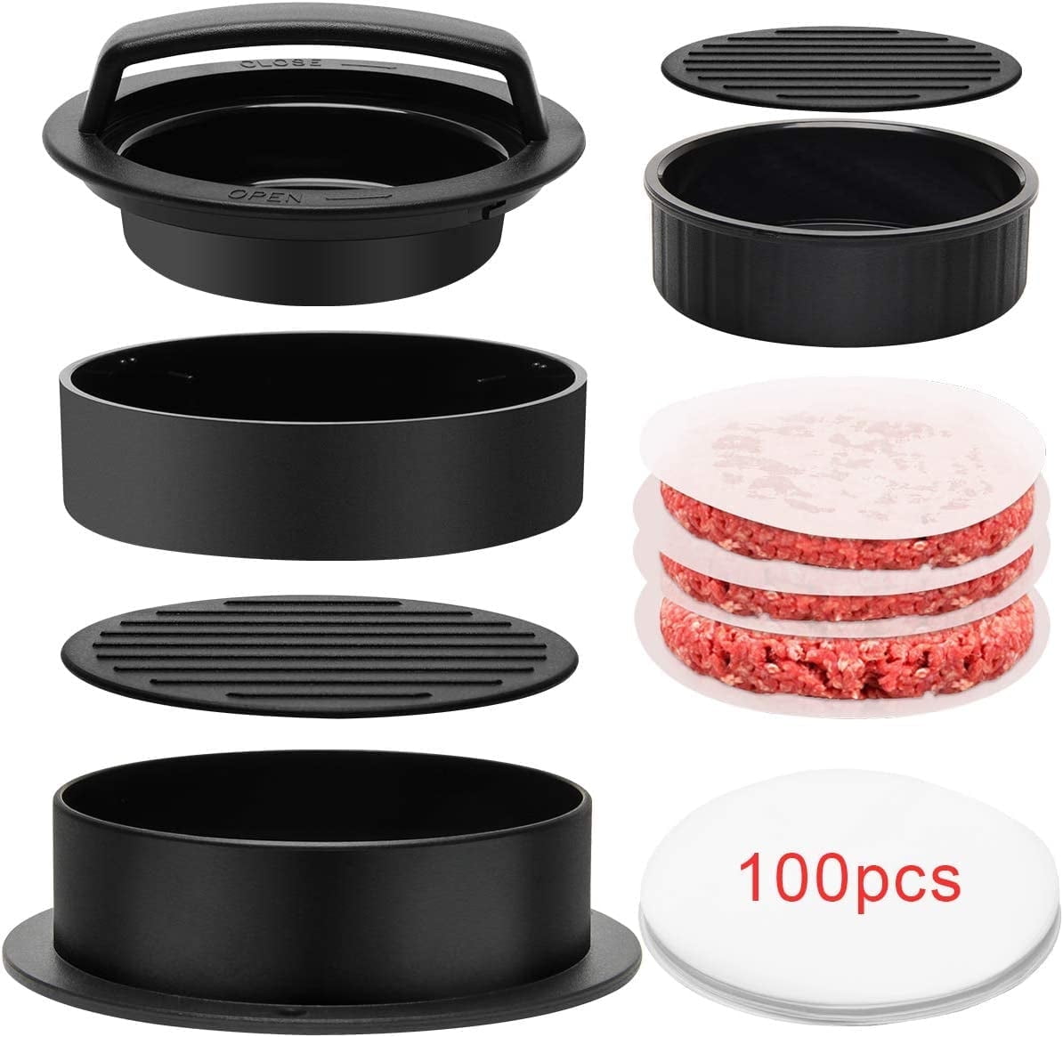 3 in 1 Burger Press Patty Maker,Plutput Hamburger Patty Maker Stuffed Burgers Press with 100p Burger Paper for BBQ Non-Stick Sliders Beef Burger Press (Black) - Image 1