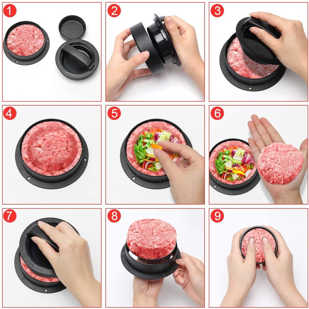 3 in 1 Burger Press Patty Maker,Plutput Hamburger Patty Maker Stuffed Burgers Press with 100p Burger Paper for BBQ Non-Stick Sliders Beef Burger Press (Black) - Image 4