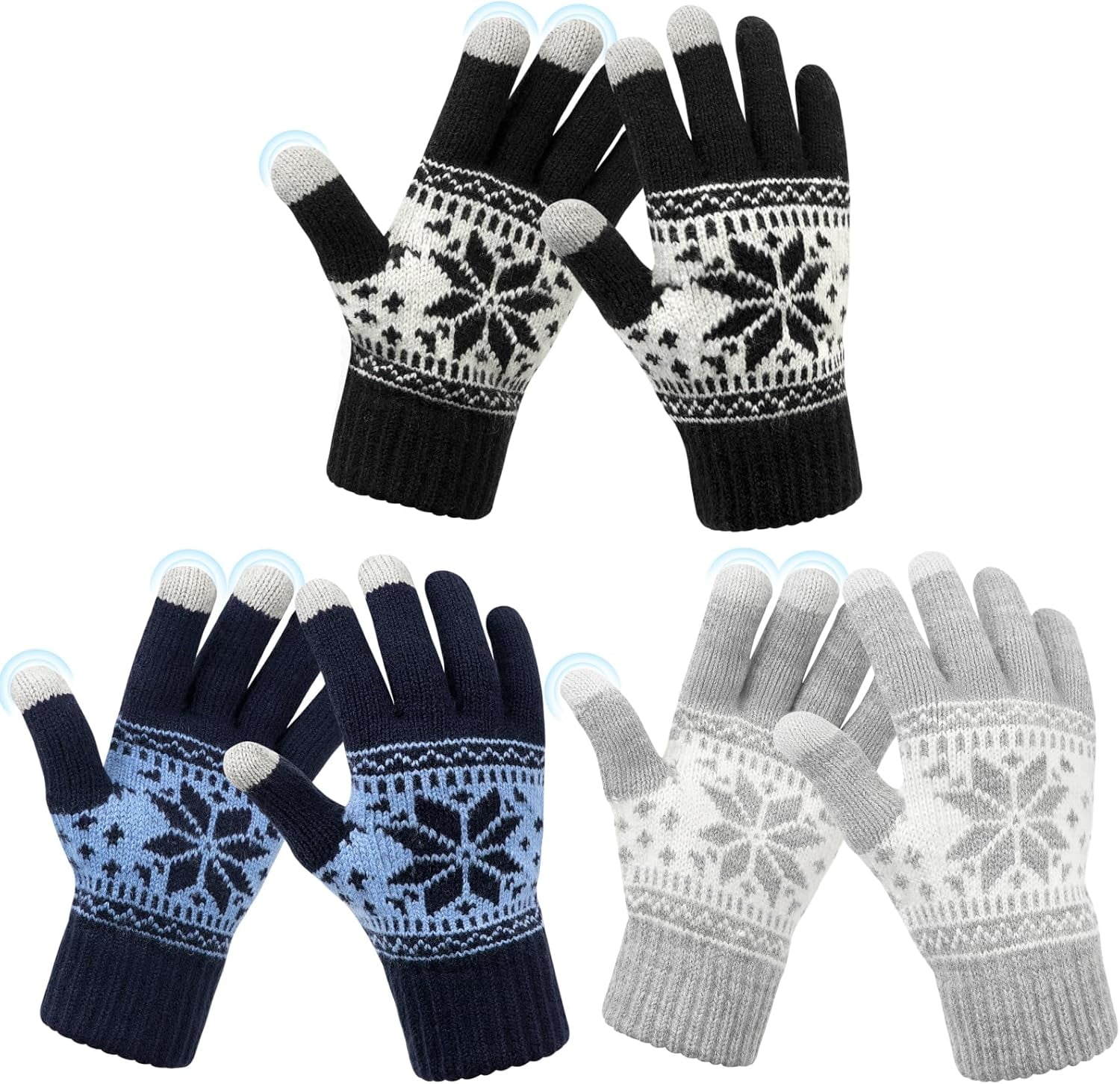 3 Pairs Touch Screen Gloves with Snow Flower Pattern, Warm Knit Winter Gloves Christmas Gifts Stocking Stuffers for Women Black Light Gray Navy Blue - Image 1