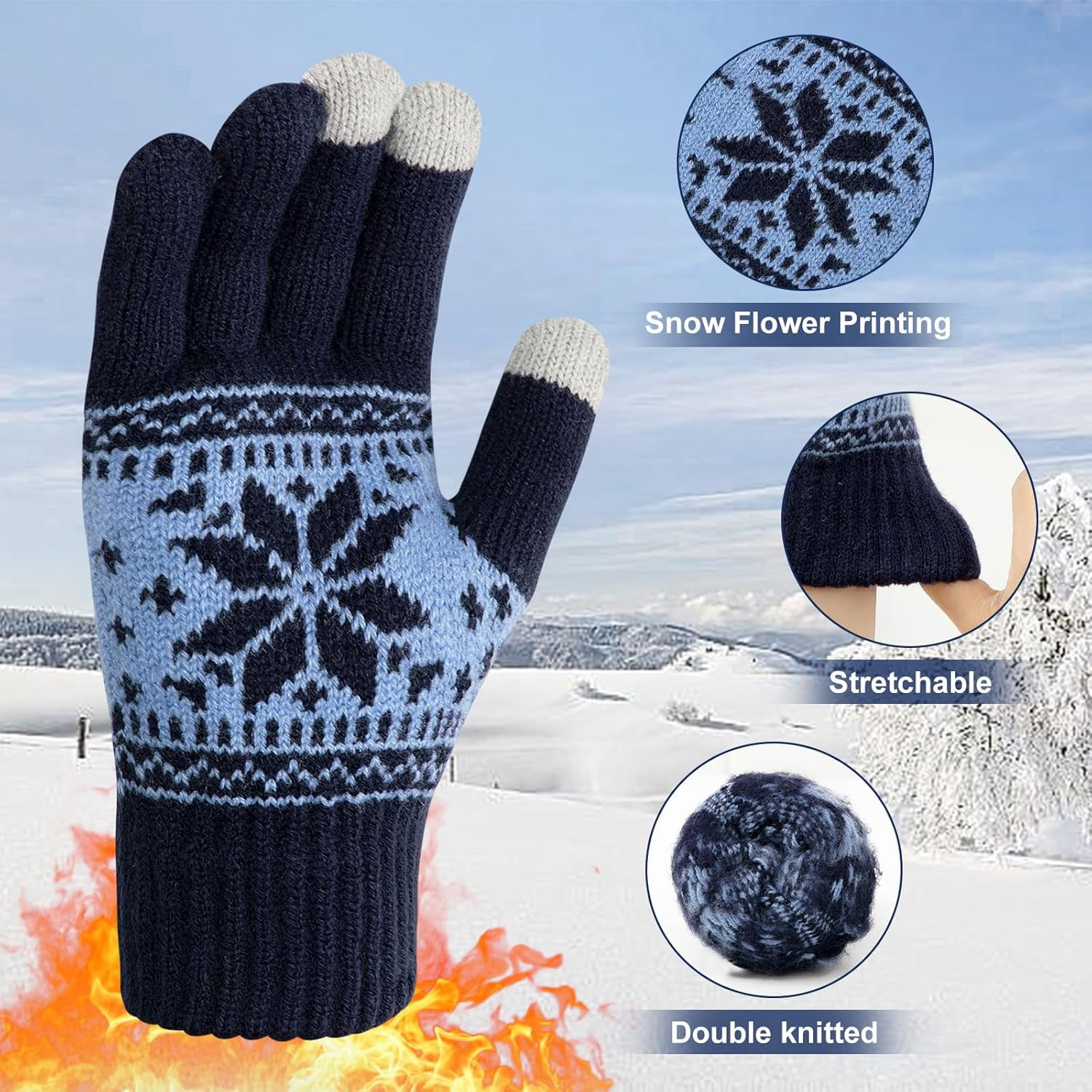 3 Pairs Touch Screen Gloves with Snow Flower Pattern, Warm Knit Winter Gloves Christmas Gifts Stocking Stuffers for Women Black Light Gray Navy Blue - Image 2