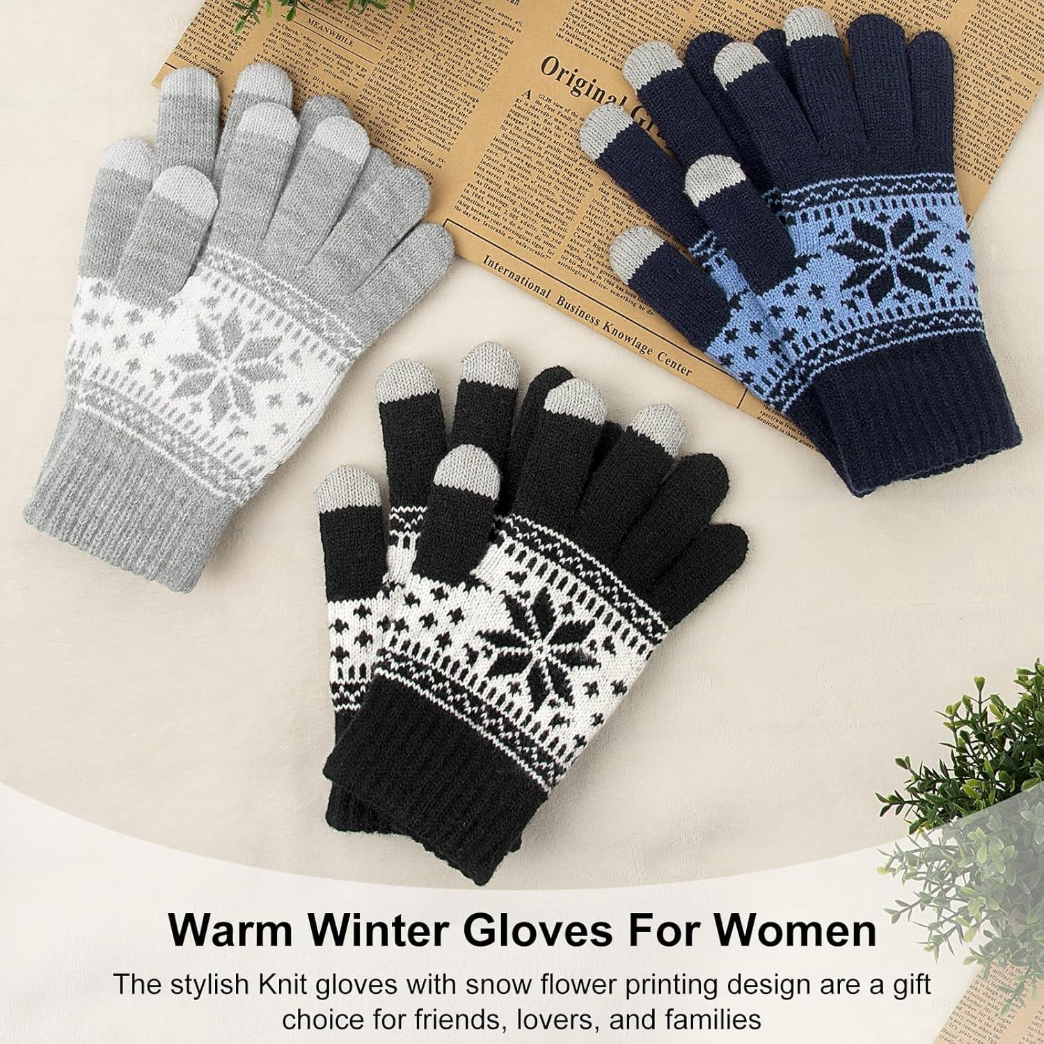 3 Pairs Touch Screen Gloves with Snow Flower Pattern, Warm Knit Winter Gloves Christmas Gifts Stocking Stuffers for Women Black Light Gray Navy Blue - Image 5