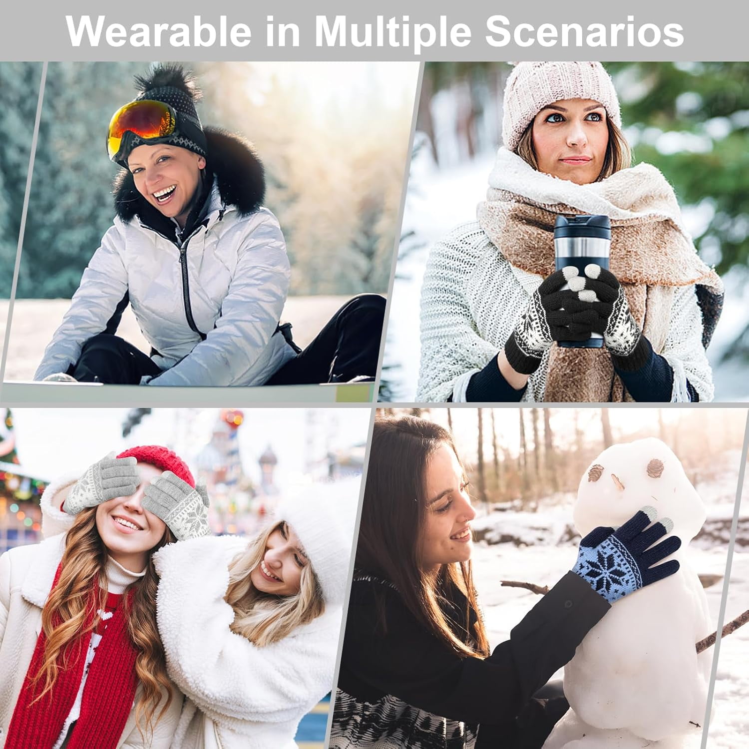 3 Pairs Touch Screen Gloves with Snow Flower Pattern, Warm Knit Winter Gloves Christmas Gifts Stocking Stuffers for Women Black Light Gray Navy Blue - Image 6