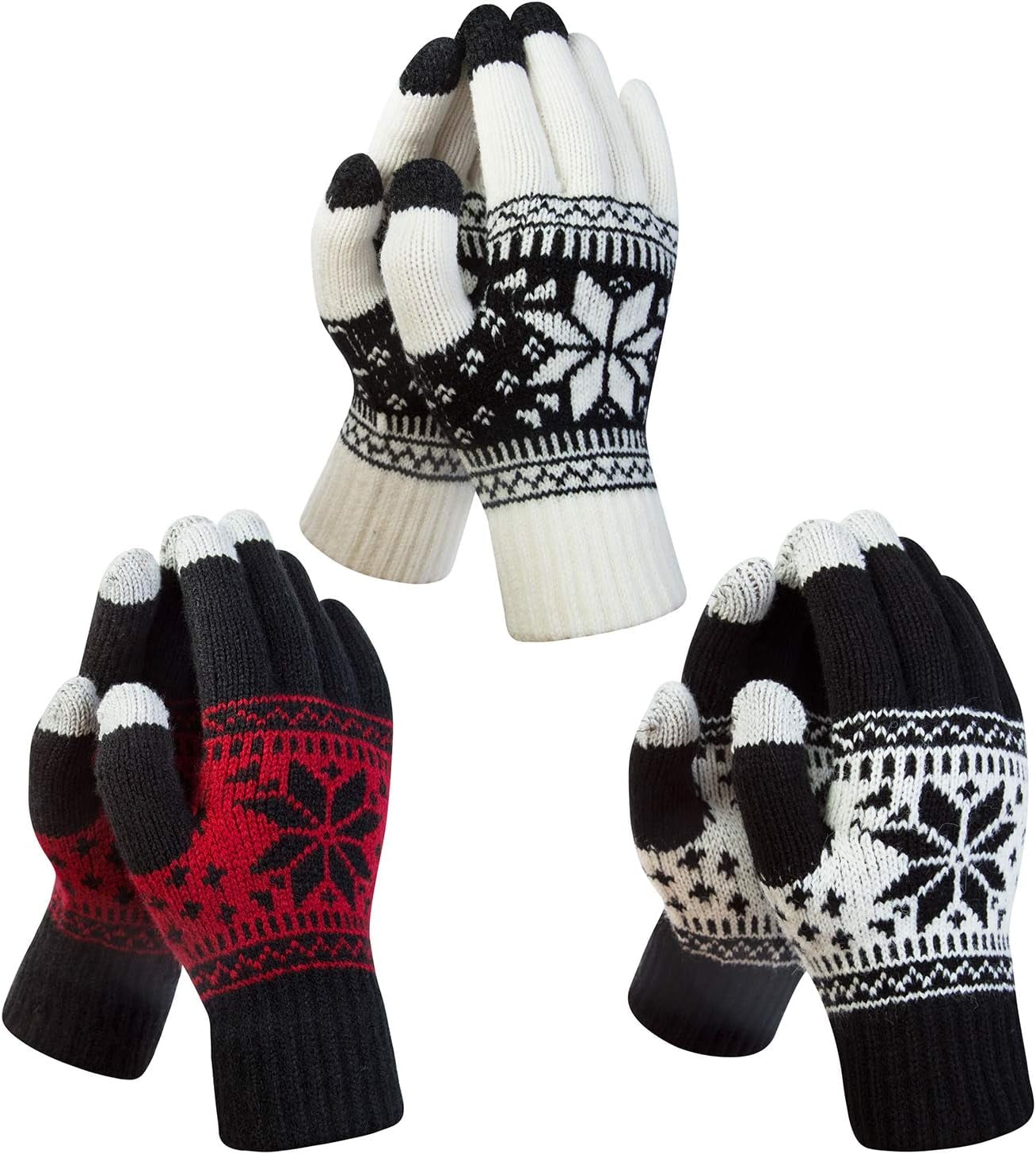3 Pairs Touch Screen Gloves with Snow Flower Pattern, Warm Knit Winter Gloves Christmas Gifts Stocking Stuffers for Women Black White Red - Image 1