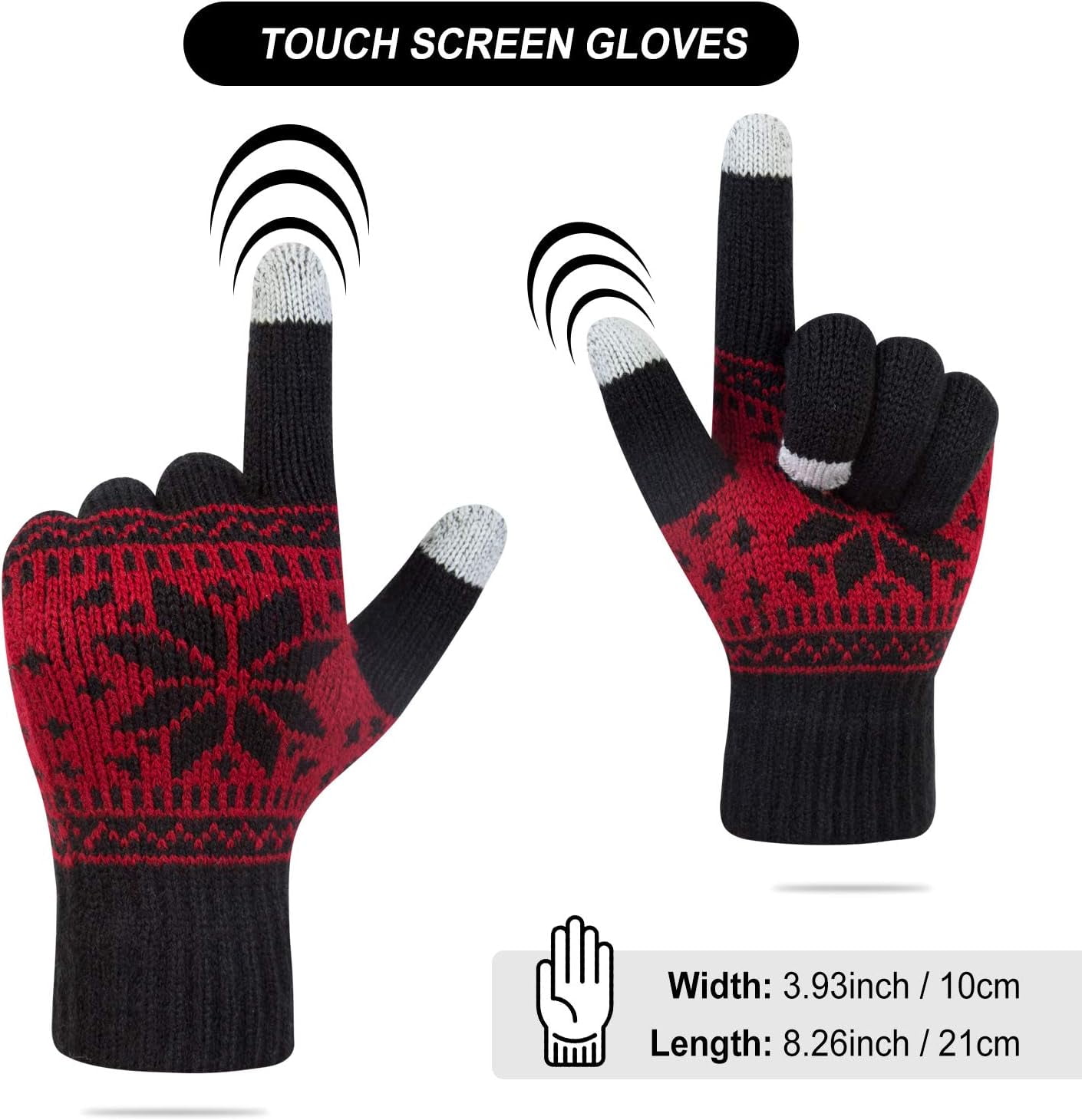3 Pairs Touch Screen Gloves with Snow Flower Pattern, Warm Knit Winter Gloves Christmas Gifts Stocking Stuffers for Women Black White Red - Image 2