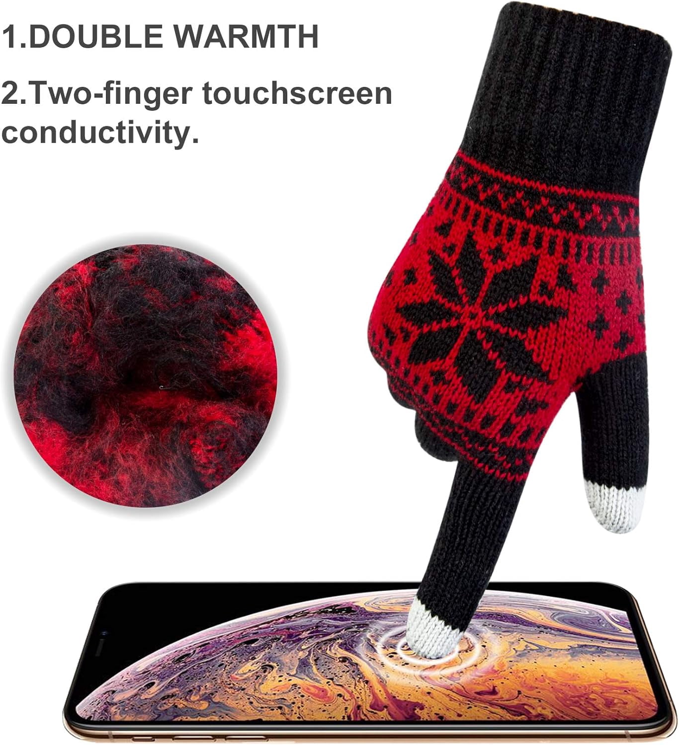 3 Pairs Touch Screen Gloves with Snow Flower Pattern, Warm Knit Winter Gloves Christmas Gifts Stocking Stuffers for Women Black White Red - Image 3