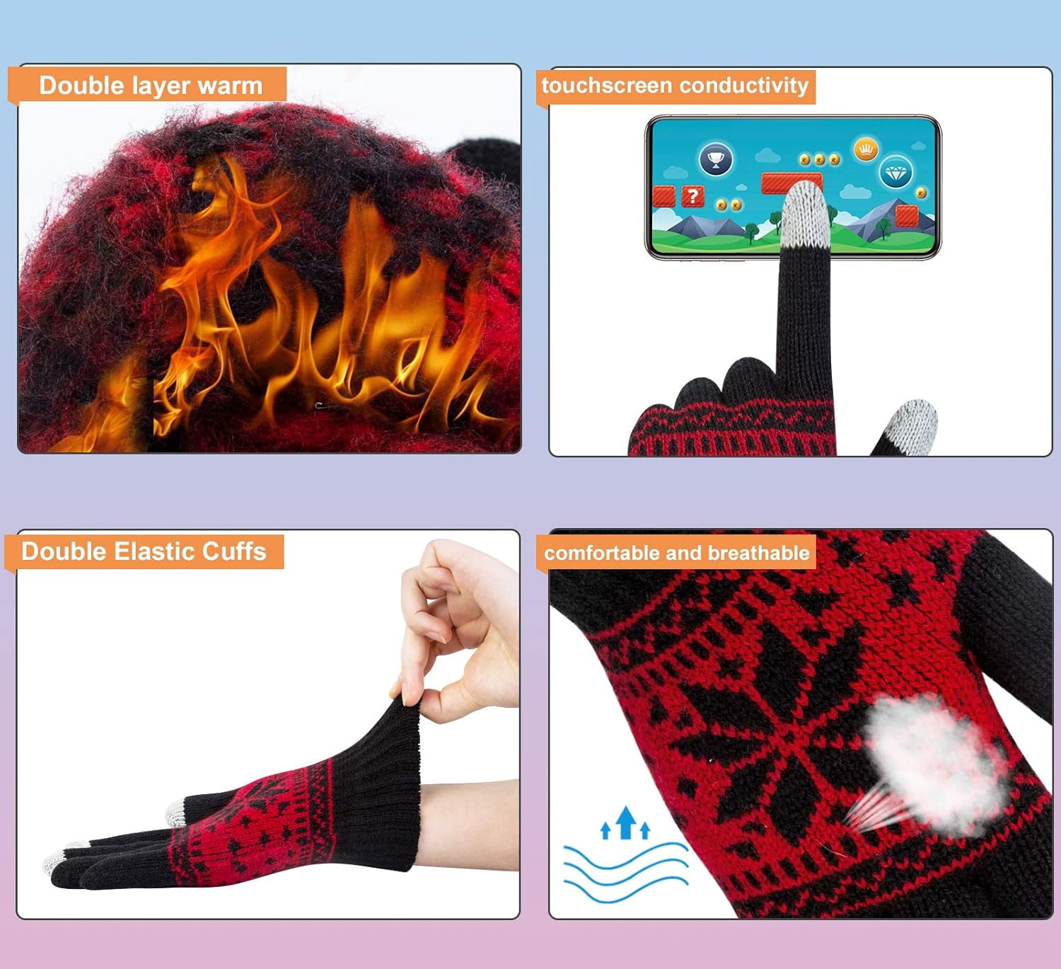 3 Pairs Touch Screen Gloves with Snow Flower Pattern, Warm Knit Winter Gloves Christmas Gifts Stocking Stuffers for Women Black White Red - Image 4