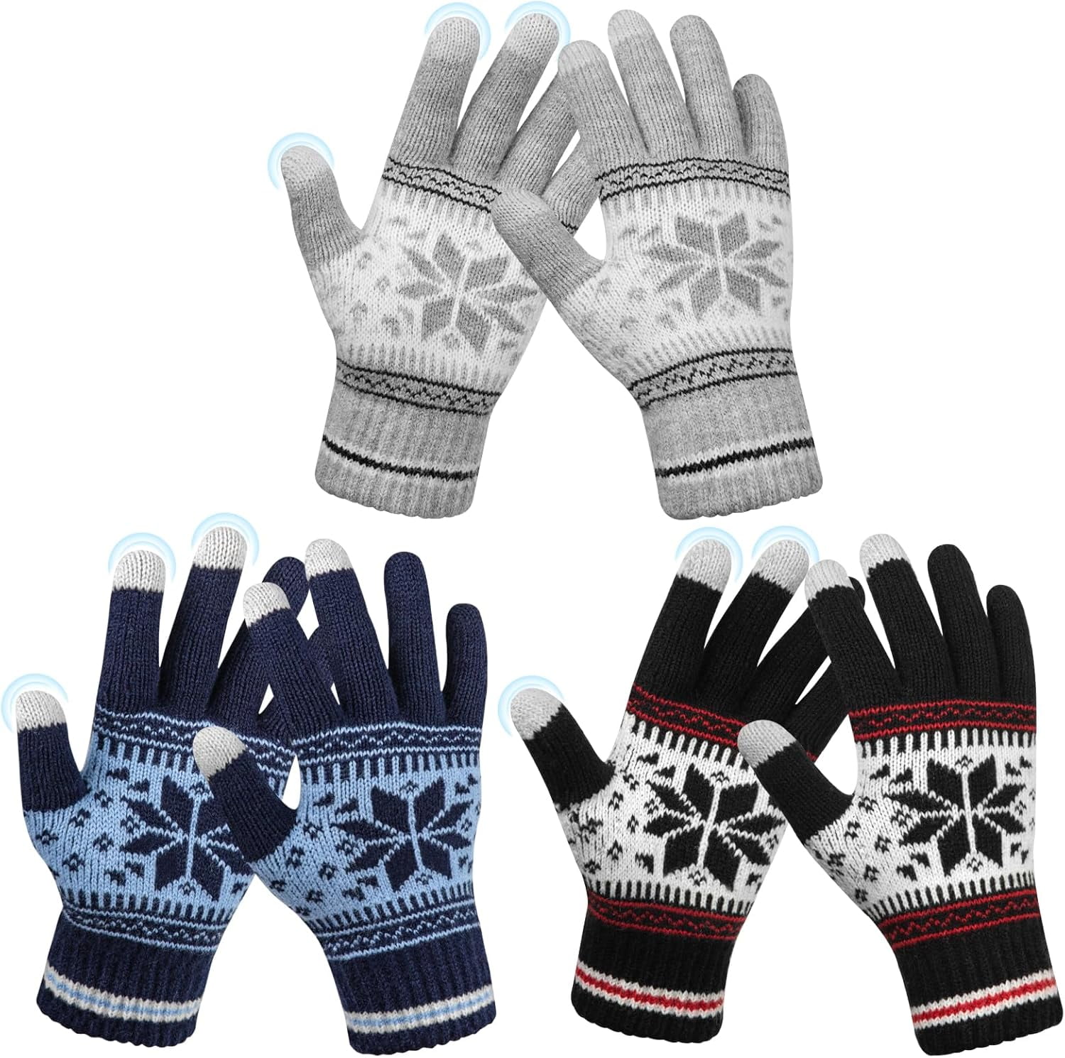 3 Pairs Touch Screen Gloves with Snow Flower Pattern, Warm Knit Winter Gloves Christmas Gifts Stocking Stuffers for Women Gray Blue White - Image 1