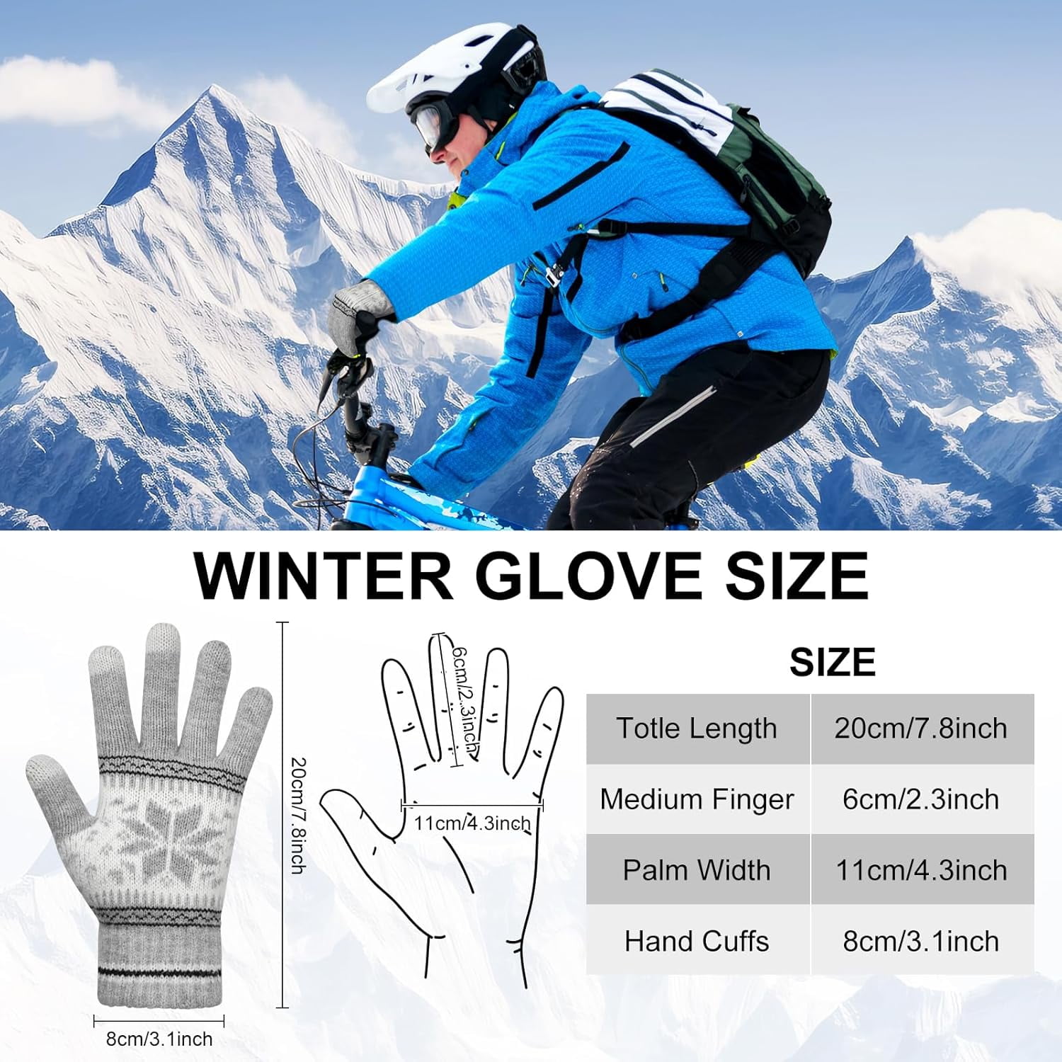 3 Pairs Touch Screen Gloves with Snow Flower Pattern, Warm Knit Winter Gloves Christmas Gifts Stocking Stuffers for Women Gray Blue White - Image 3