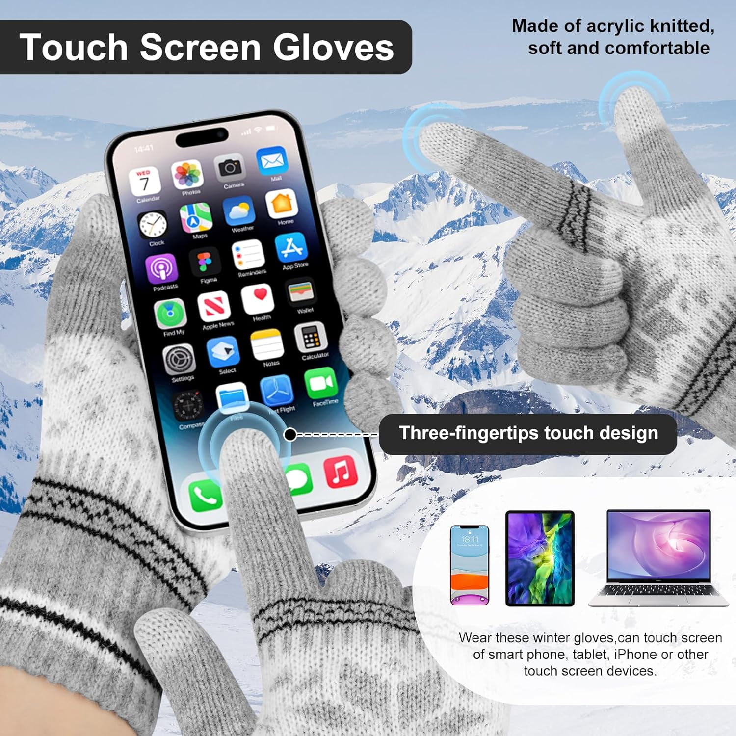 3 Pairs Touch Screen Gloves with Snow Flower Pattern, Warm Knit Winter Gloves Christmas Gifts Stocking Stuffers for Women Gray Blue White - Image 4