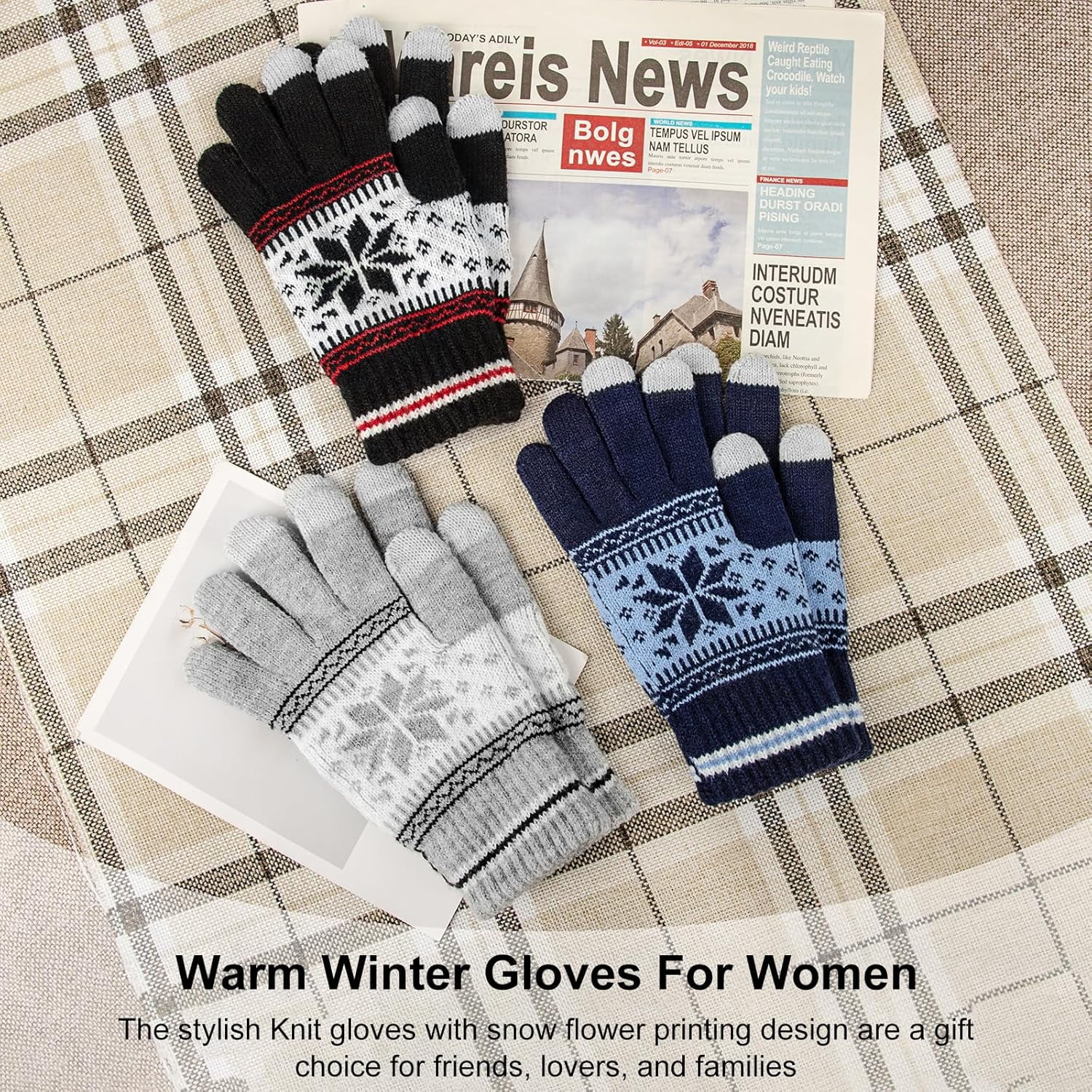 3 Pairs Touch Screen Gloves with Snow Flower Pattern, Warm Knit Winter Gloves Christmas Gifts Stocking Stuffers for Women Gray Blue White - Image 5