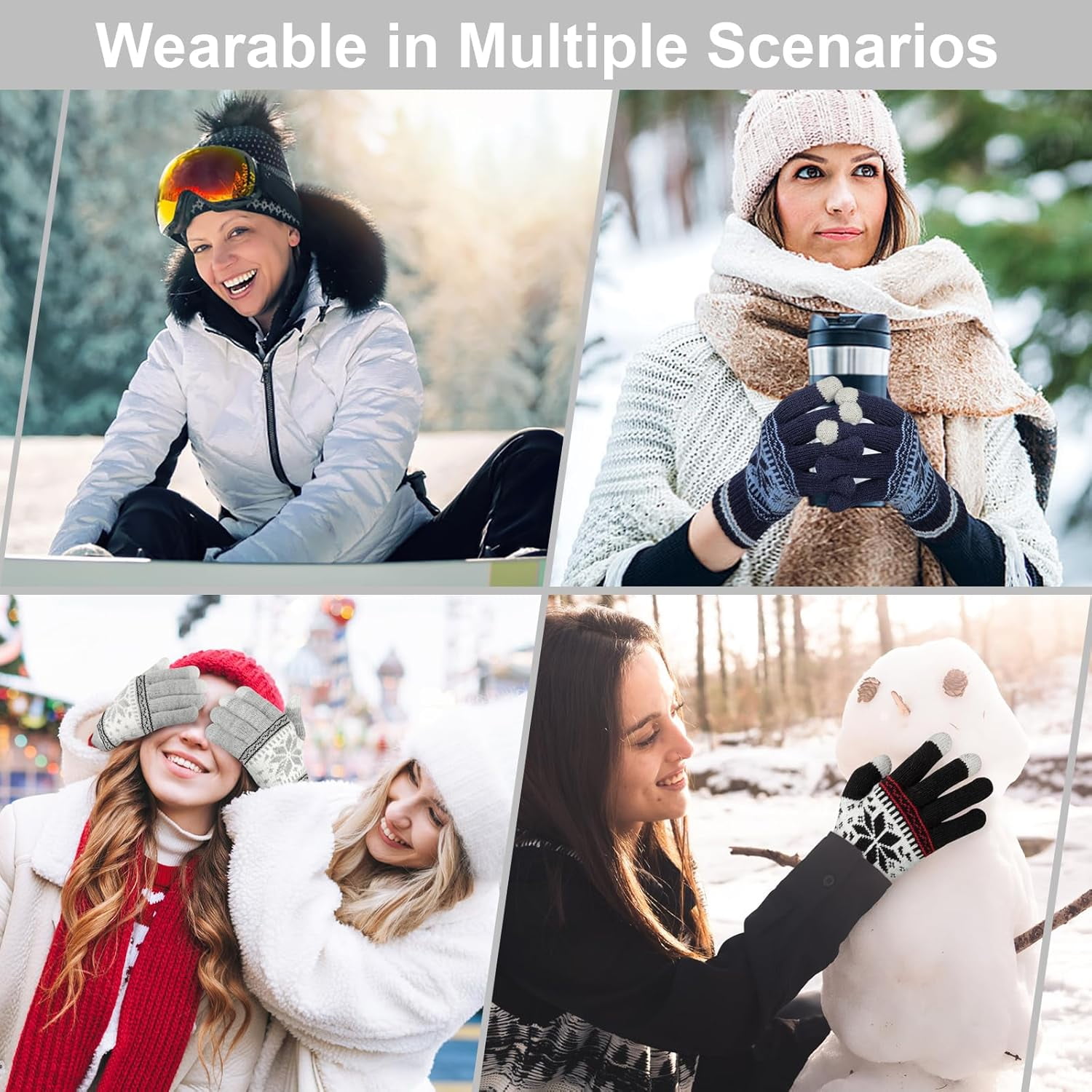 3 Pairs Touch Screen Gloves with Snow Flower Pattern, Warm Knit Winter Gloves Christmas Gifts Stocking Stuffers for Women Gray Blue White - Image 6