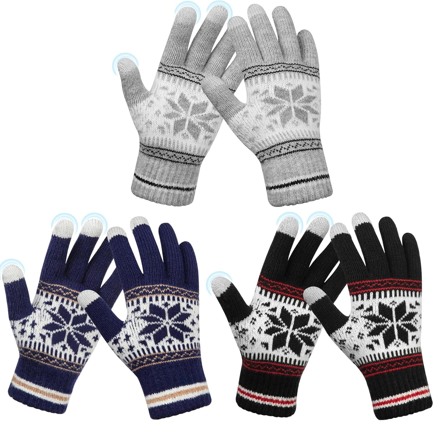 3 Pairs Touch Screen Gloves with Snow Flower Pattern, Warm Knit Winter Gloves Christmas Gifts Stocking Stuffers for Women Gray Navy Blue Black - Image 1