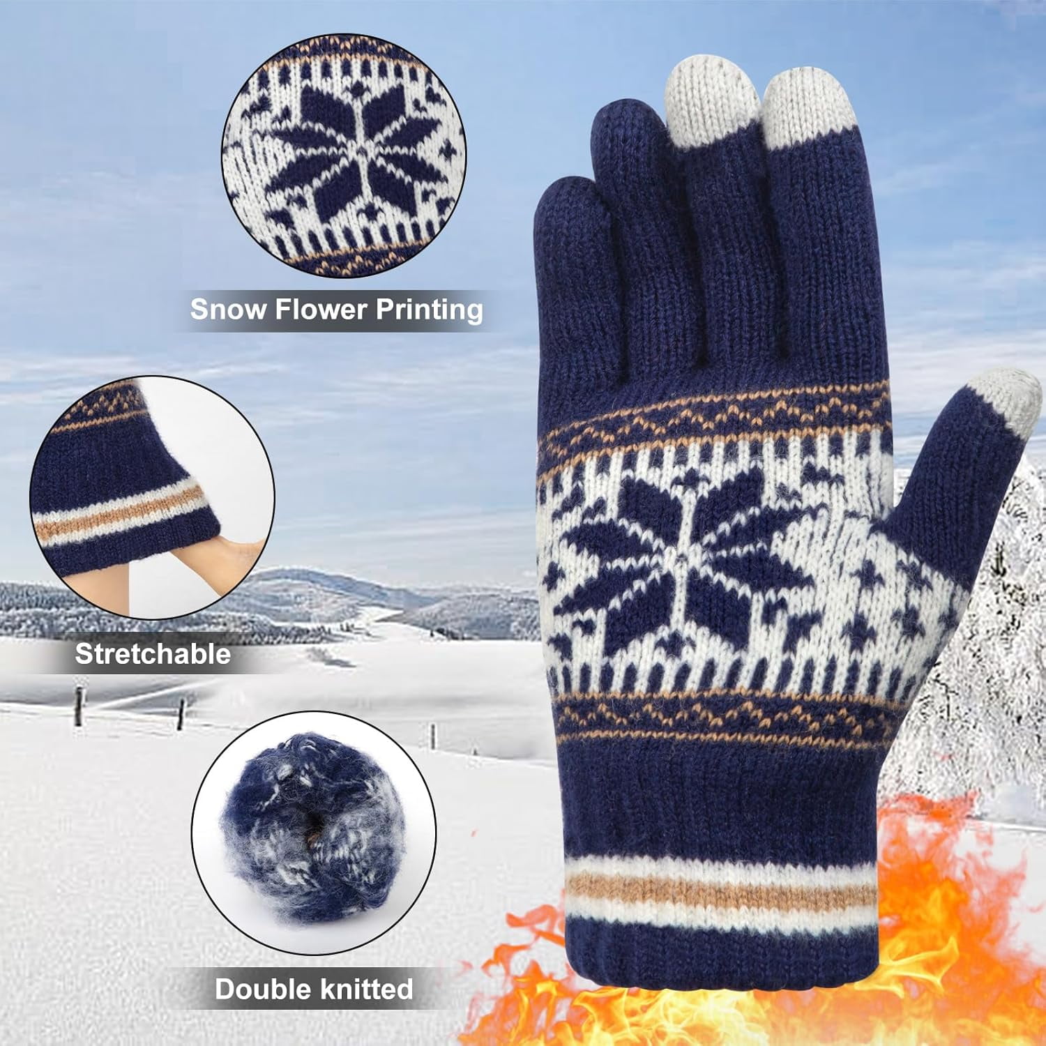3 Pairs Touch Screen Gloves with Snow Flower Pattern, Warm Knit Winter Gloves Christmas Gifts Stocking Stuffers for Women Gray Navy Blue Black - Image 2