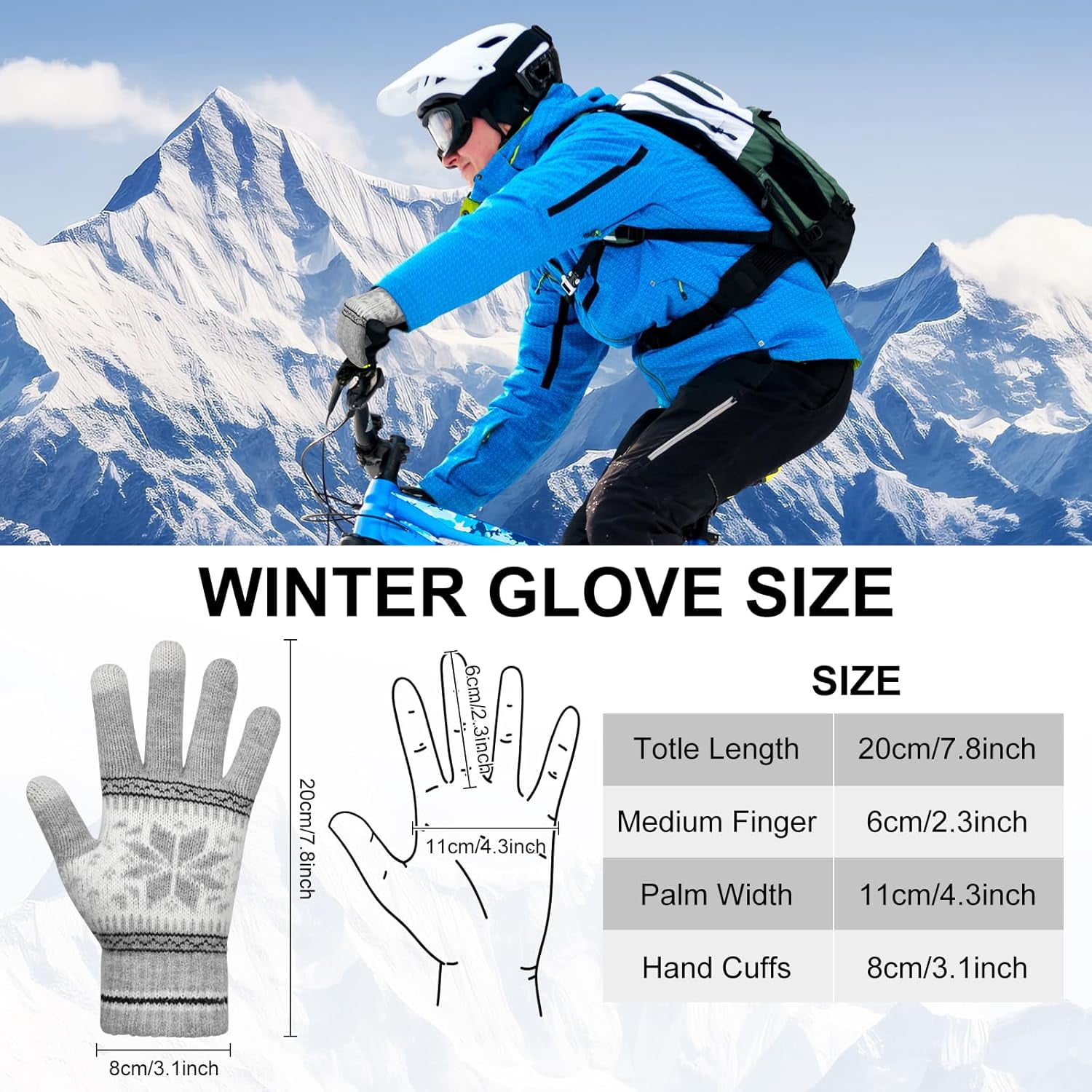 3 Pairs Touch Screen Gloves with Snow Flower Pattern, Warm Knit Winter Gloves Christmas Gifts Stocking Stuffers for Women Gray Navy Blue Black - Image 3